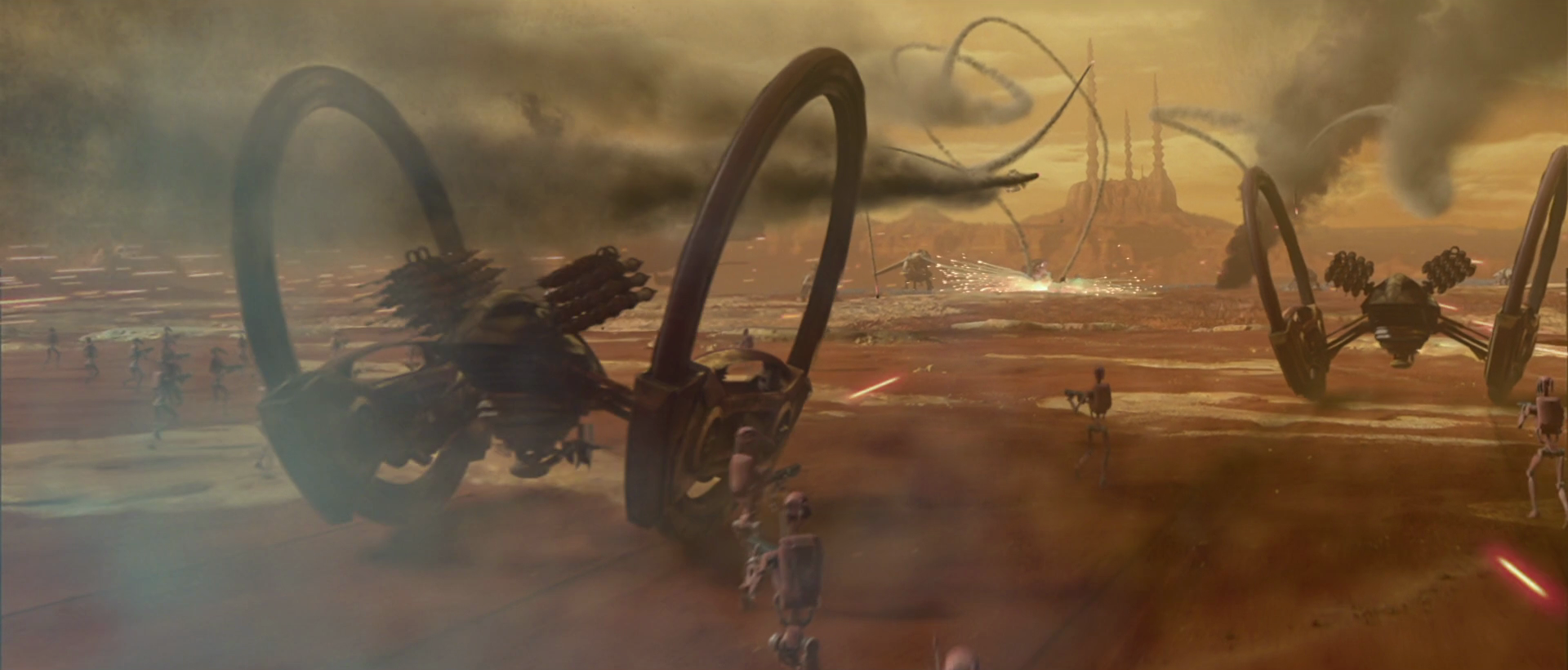 Hailfire droids advance on the Grand Army of the Republic during the Battle of Geonosis