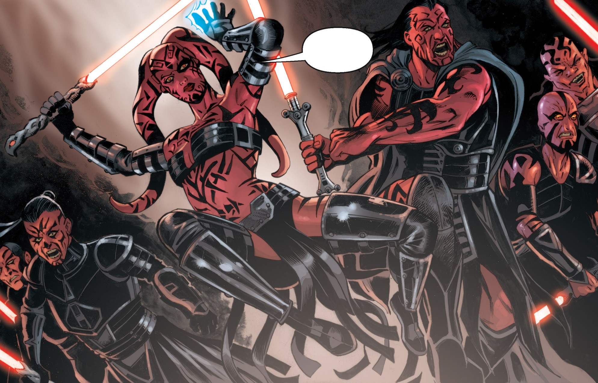 Darth Stryfe engaging the fight alongside Darth Talon and a group of Sith during the Battle of Coruscant.