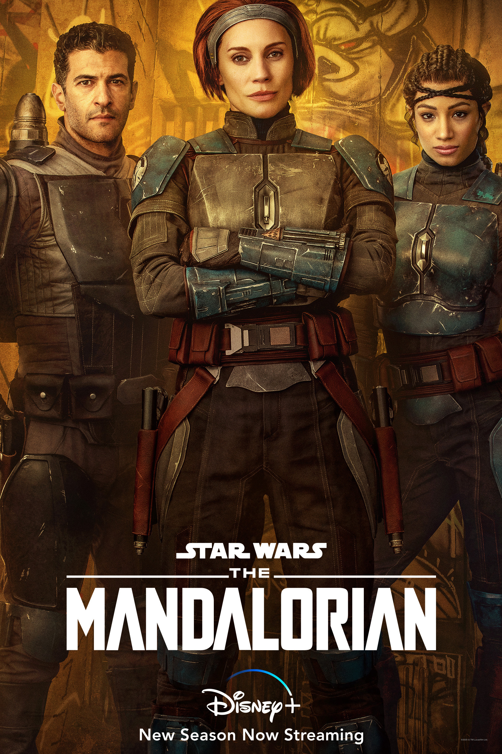 (from left) Axe Woves, Bo-Katan, and Koska Reeves' character poster for The Mandalorian Season Two