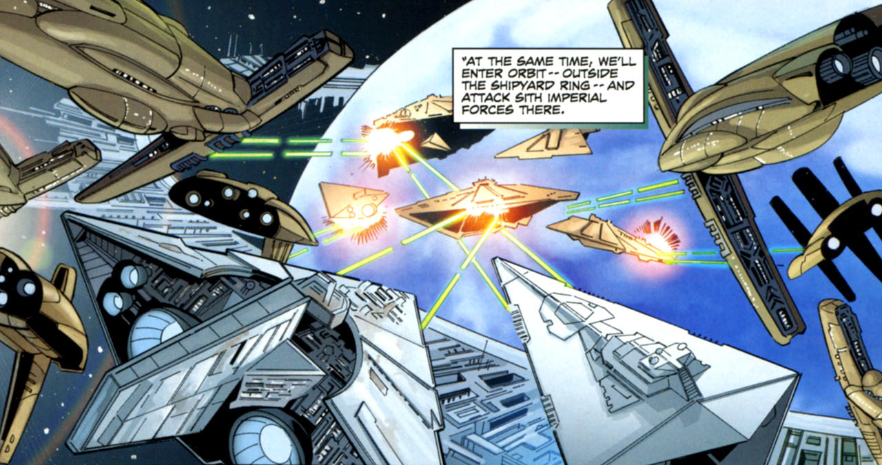 Galactic Alliance capital ships engaging Sith-Imperial forces at Dac.