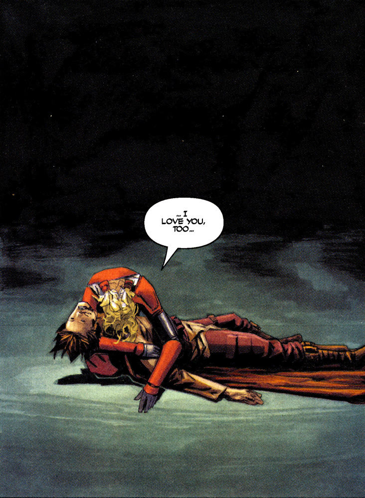 Duron Qel-Droma lies dead in Shaela Nuur's arms.