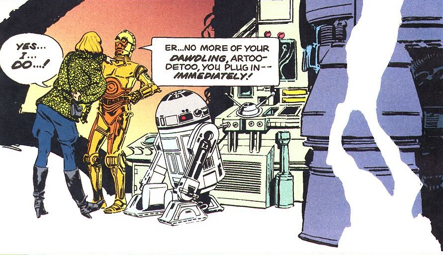 Tanith Shire orders C-3PO and R2-D2 to sabotage the steam tubes.