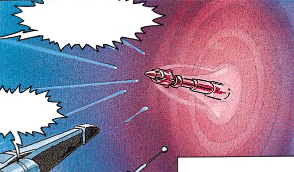 The Galaxy Gun warhead emerges from hyperspace.