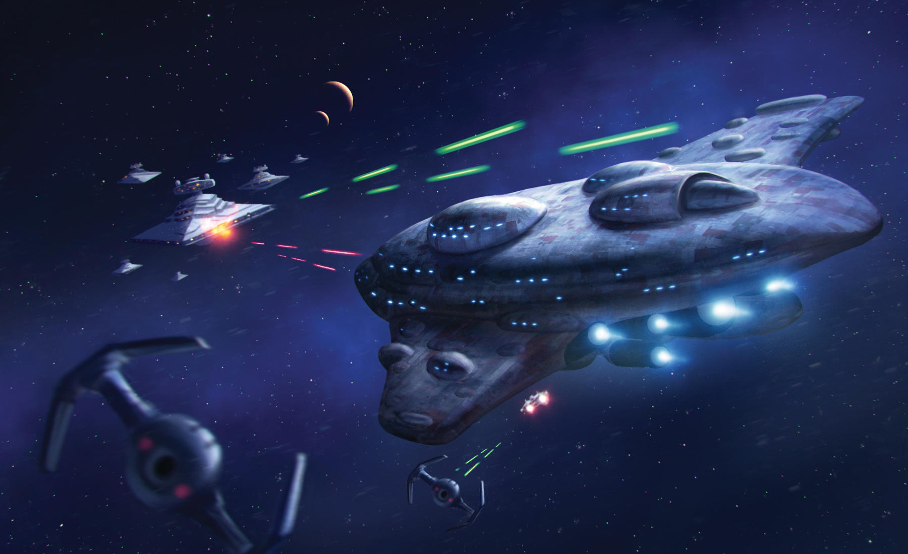 An MC80 Liberty type Cruiser engages Imperial Star Destroyers in battle.