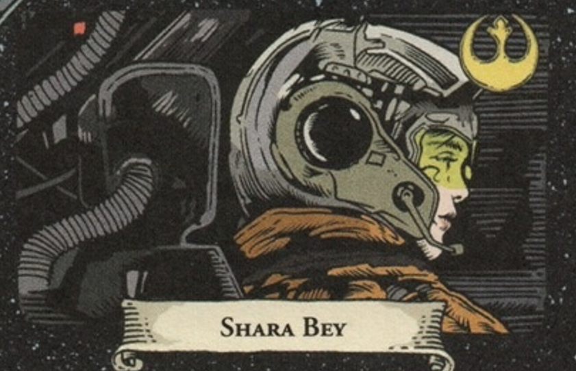 Shara depicted in an orange flightsuit at the Battle of Endor