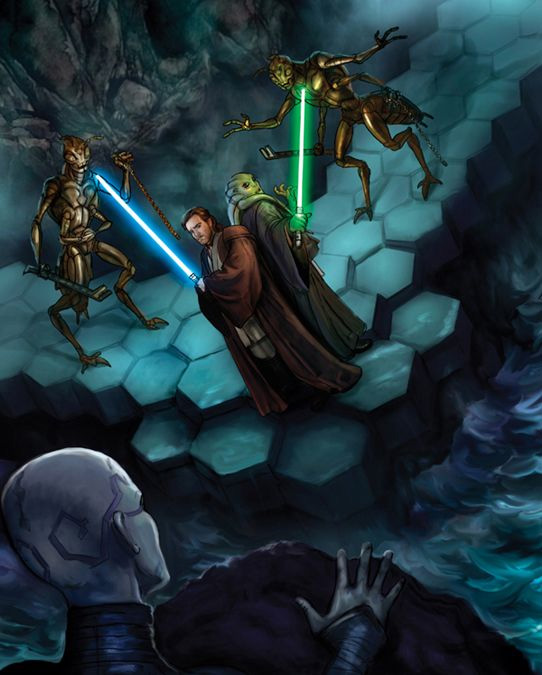 Fisto and Kenobi are attacked by X'ting thugs as Ventress looks on.