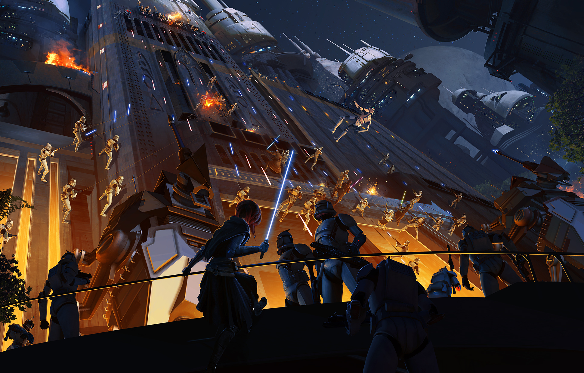 All Terrain Tactical Enforcers charge up a skyscraper during the Clone Wars.