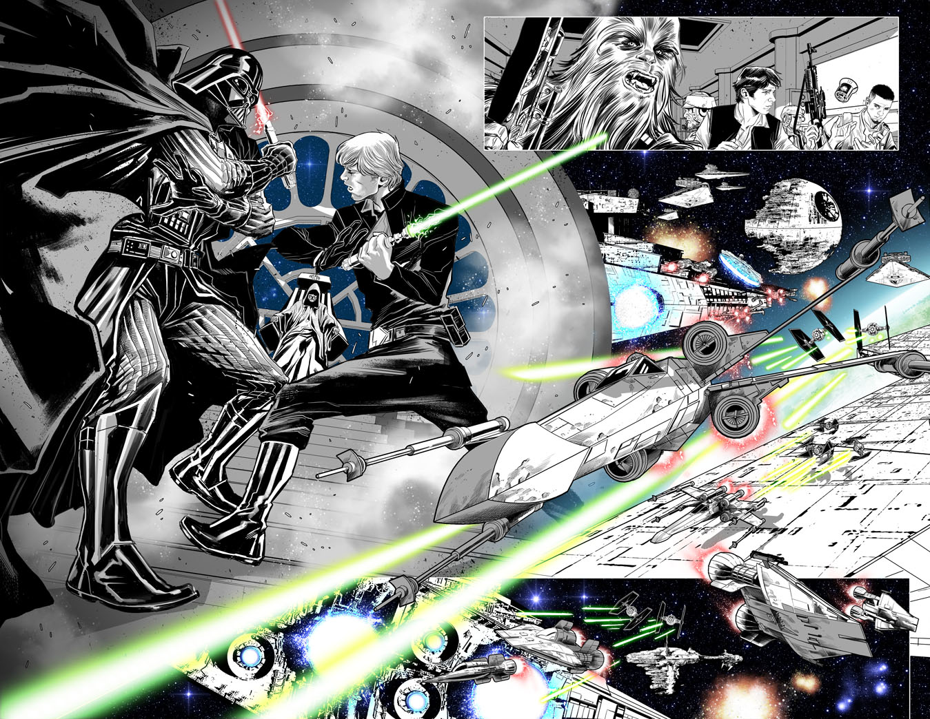 The opening double page spread of Shattered Empire 1, penciled and inked by Marco Checchetto