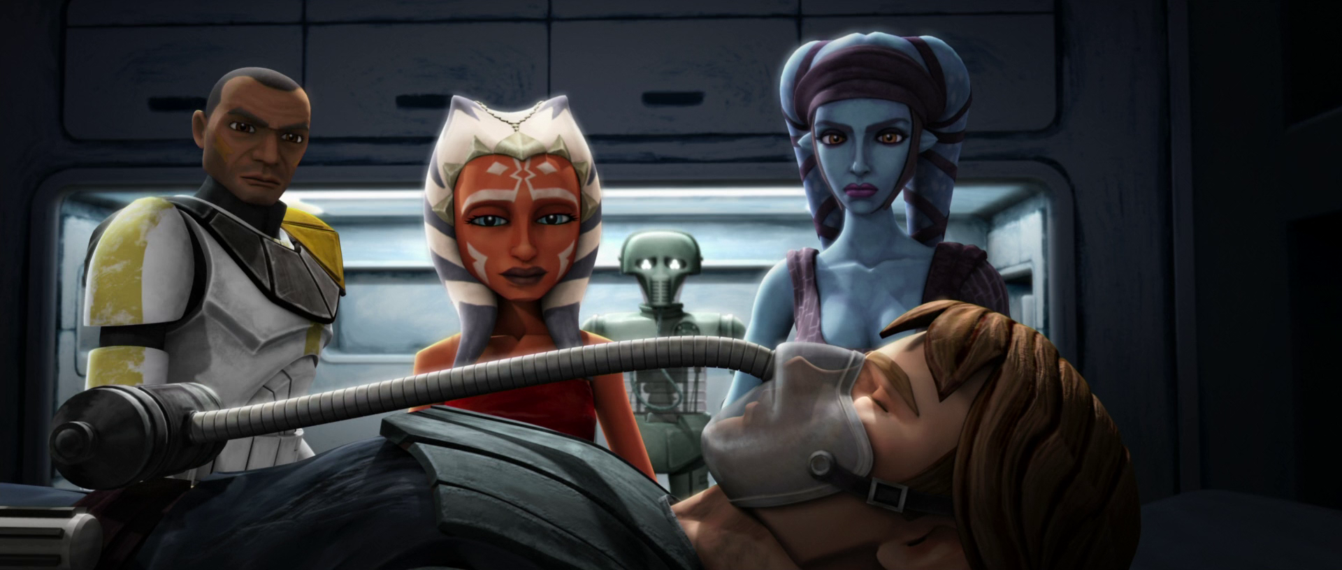 Bly, Tano, and Secura look on as Skywalker is treated in the frigate's medbay.