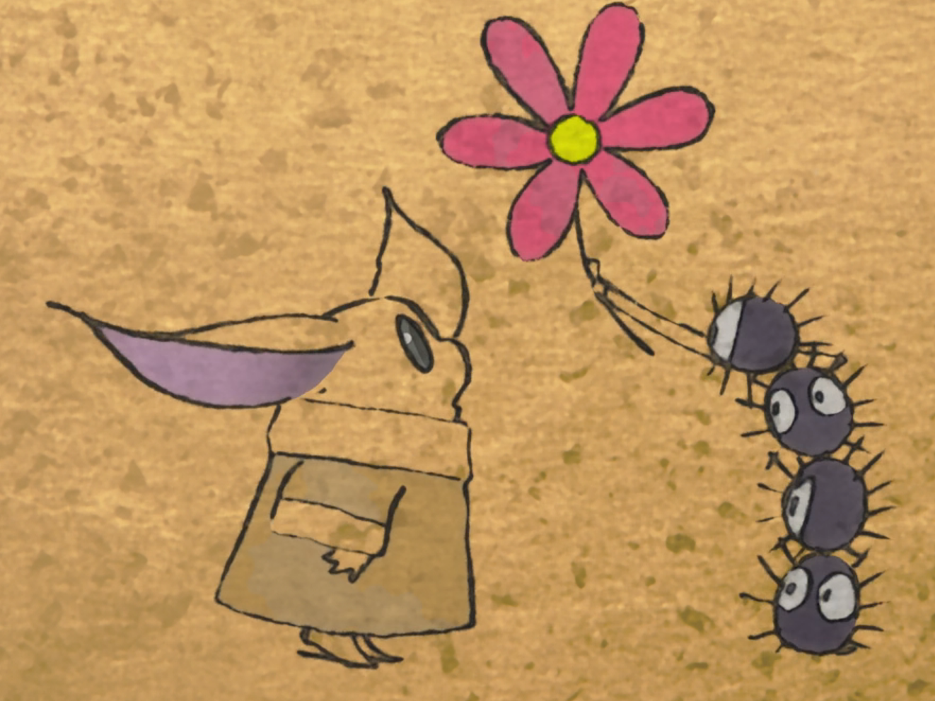 The dust bunnies offer a flower to Grogu.