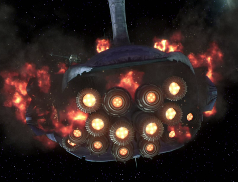 A damaged Malevolence flees from the Republic fleet