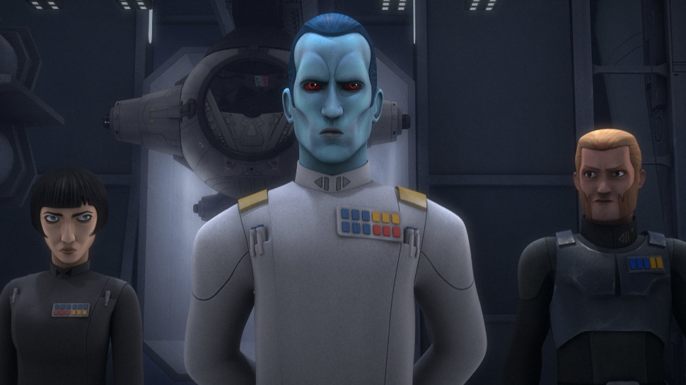 Pryce and Kallus accompany Thrawn on his inspection of the Lothal Imperial factory.