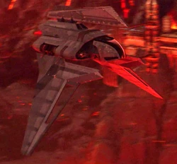 Emperor Palpatine's Theta-class shuttle arrives on Mustafar to rescue Darth Vader.