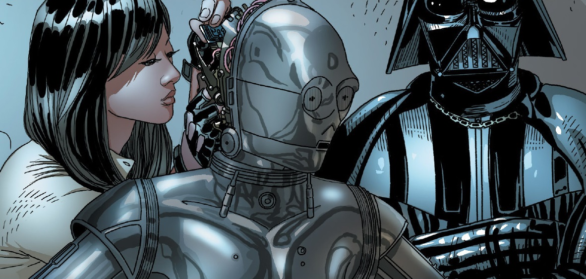 Aphra inserts the personality matrix into a protocol droid; thereby Triple-Zero was born anew.