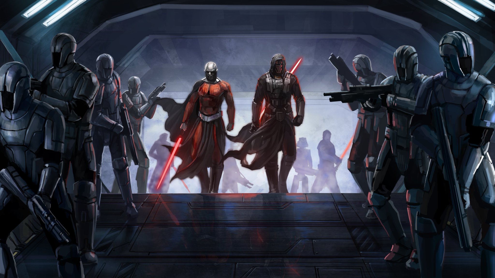 Darth Malak and Darth Revan lead Sith troopers and Dark Jedi into battle