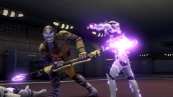 Zeb fights stormtroopers on Garel