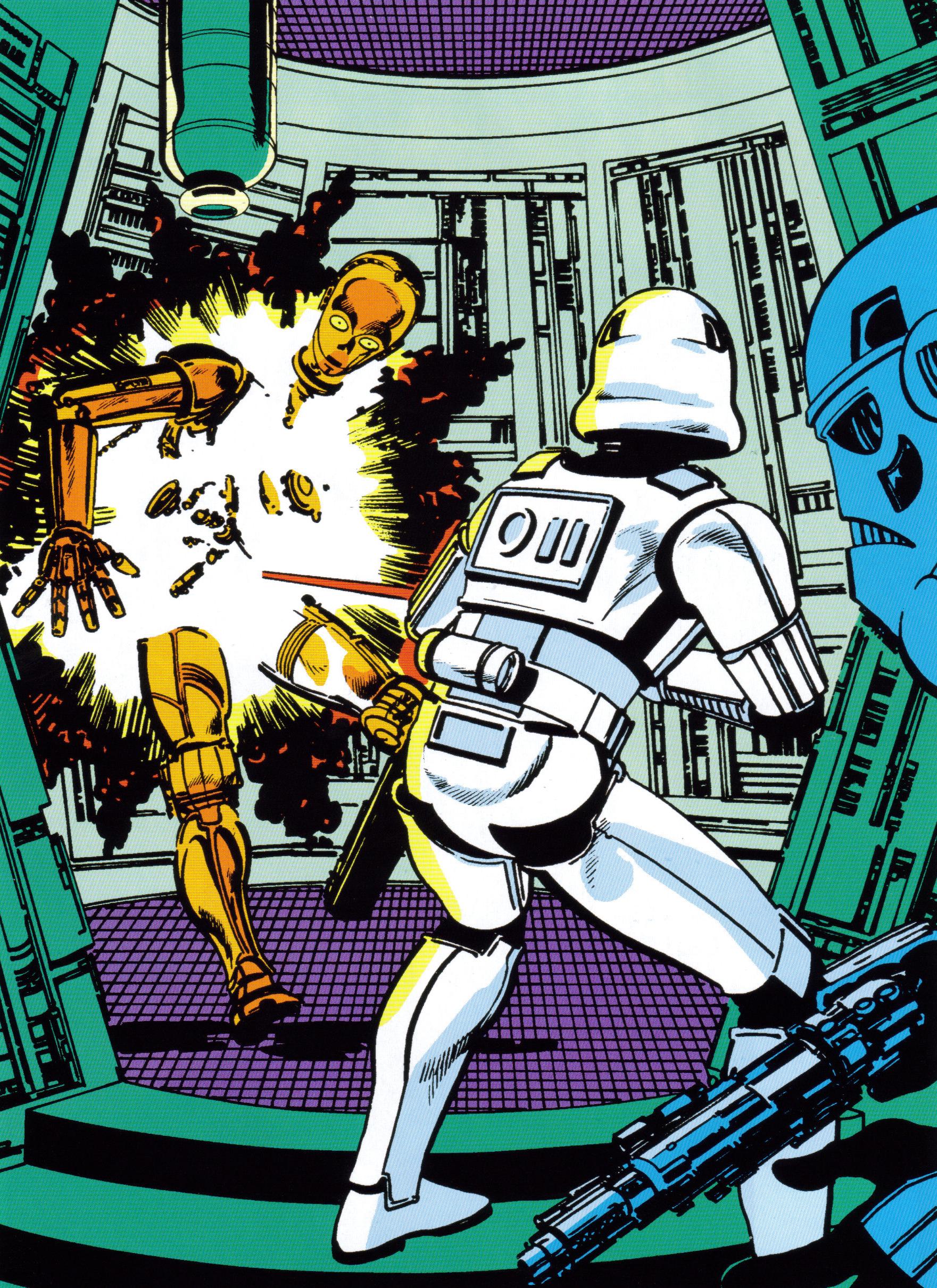 C-3PO is blasted apart by stormtroopers on Cloud City.