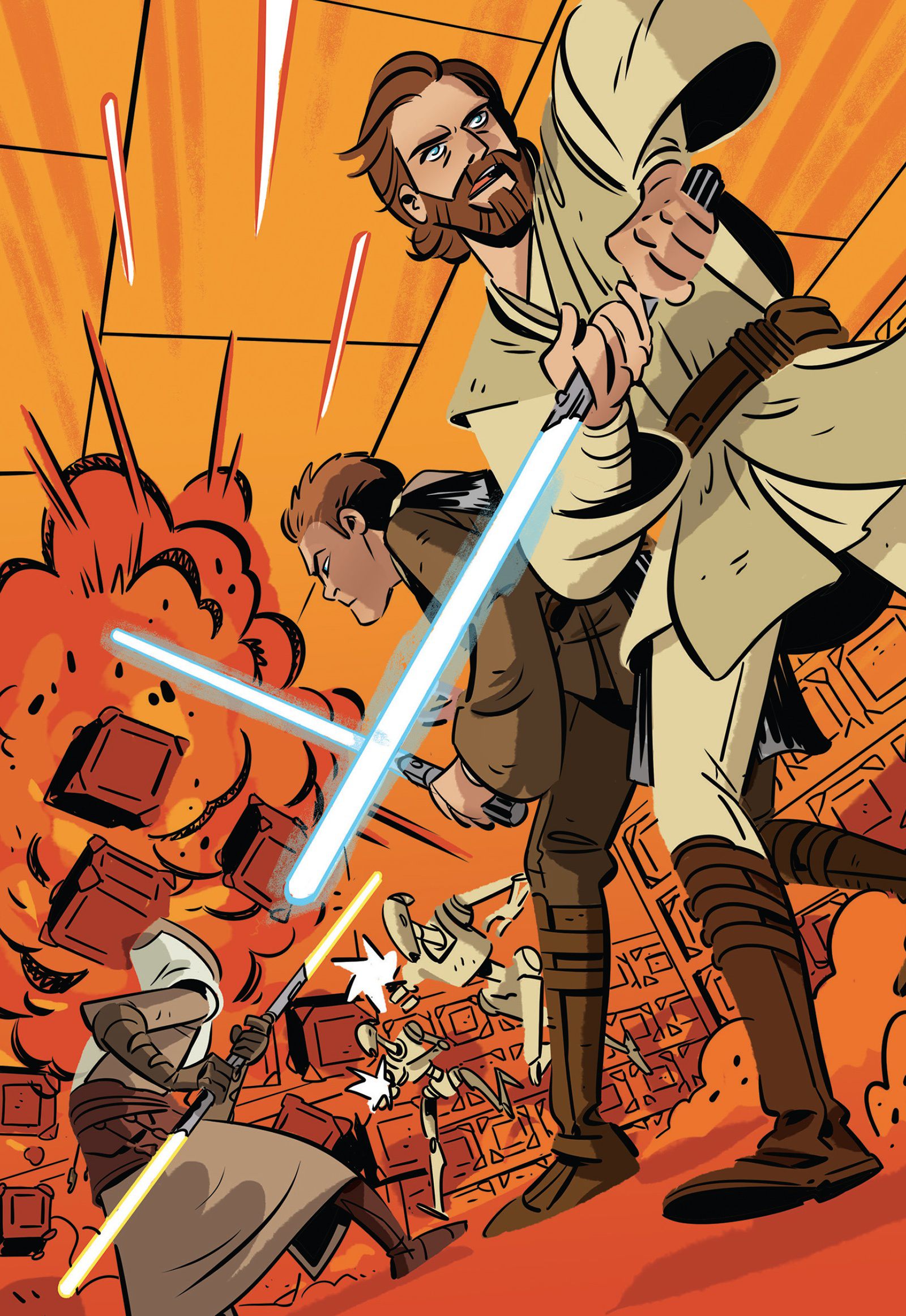 Obi-Wan Kenobi and Anakin Skywalker fight battle droids in the Jedi Temple.