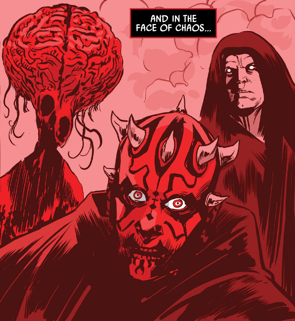 Maul's spore-inflicted vision featured his master Darth Sidious (right) and attacker Heldi Cerebron (left).