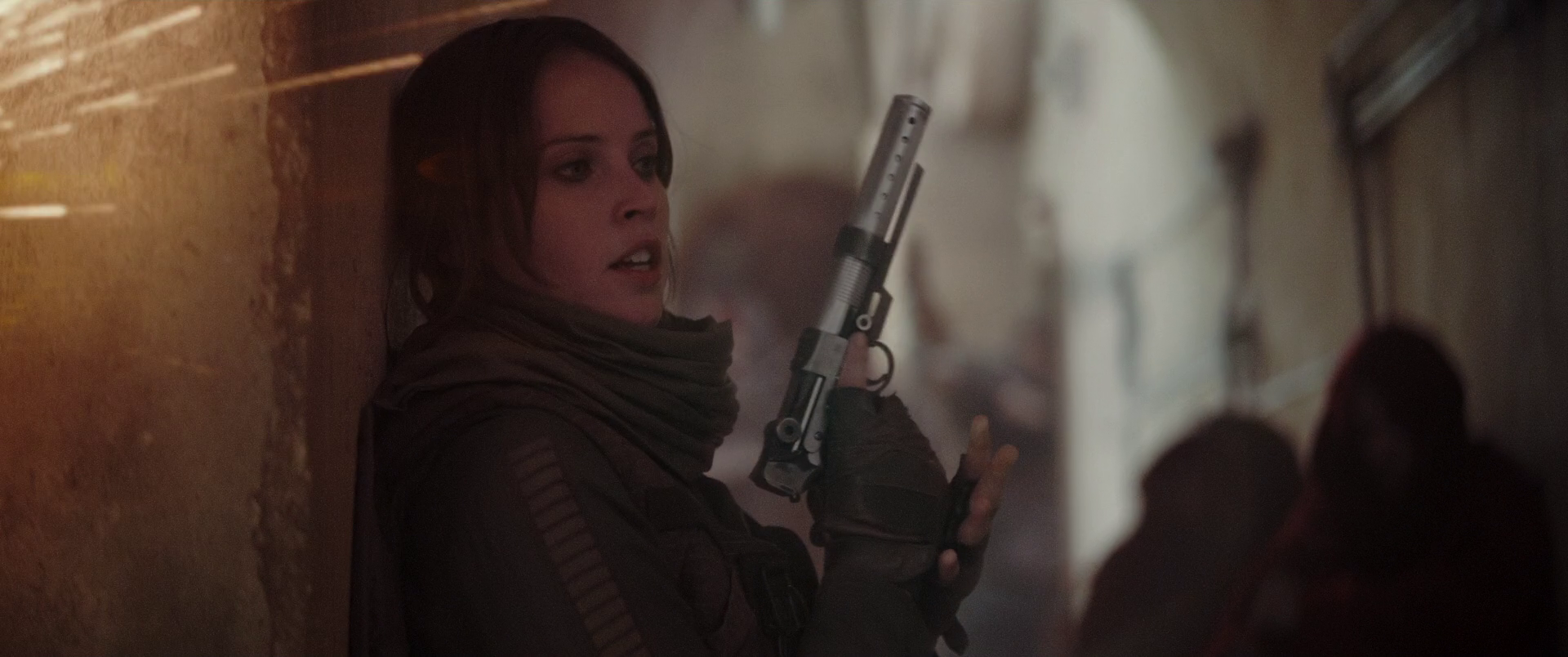 Jyn with her A-180 during the firefight in the Holy City