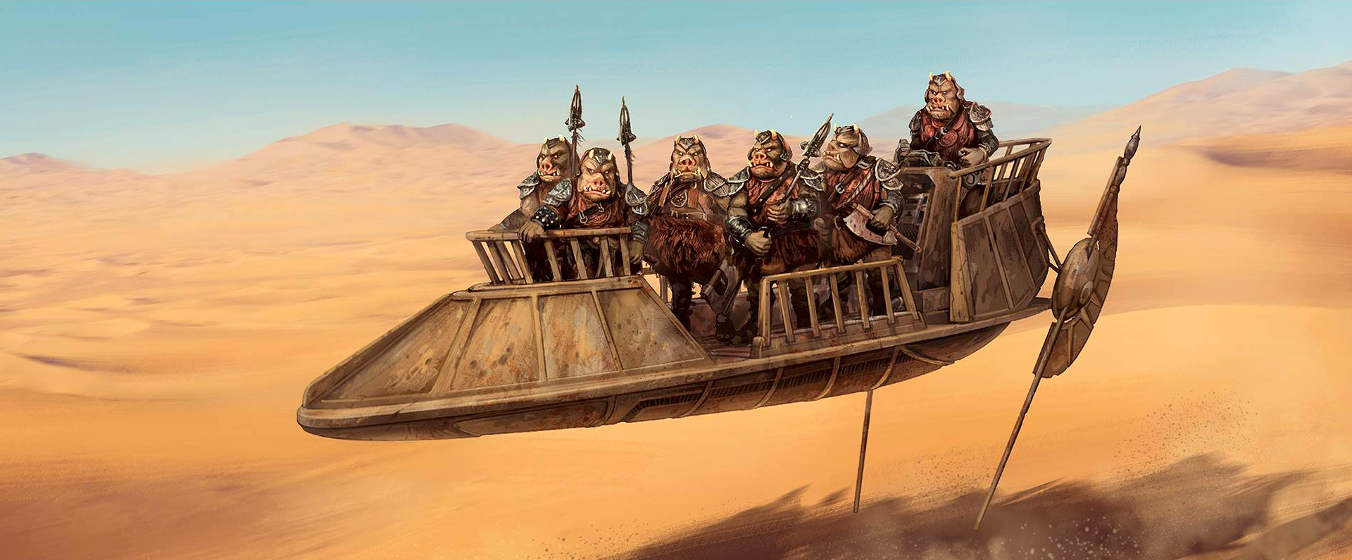 A group of Jabba's Gamorrean guards partrol the desert in a skiff.