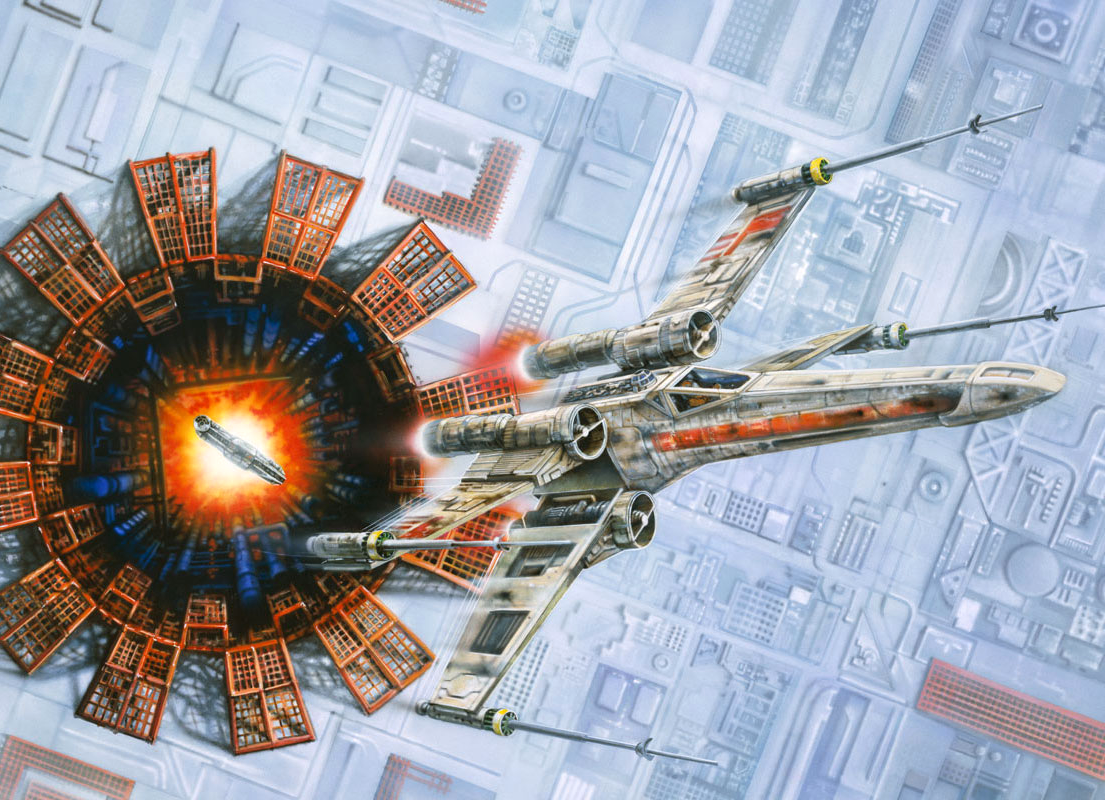 Antilles' X-wing flees the Death Star moments before its destruction.