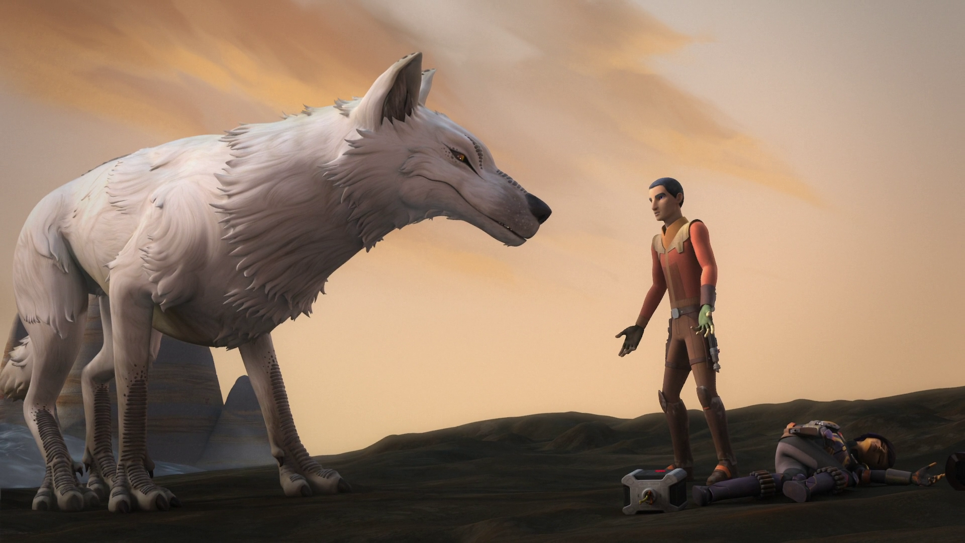 The white Loth-wolf brought Ezra and Sabine back to their camp.