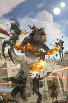 In the streets of Mos Espa, the Pykes are defeated by Boba Fett and his allies.