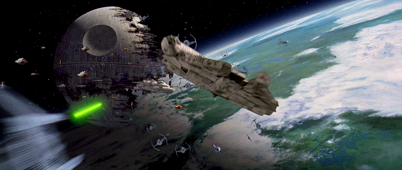 The Falcon leads the starfighter attack during the Battle of Endor.