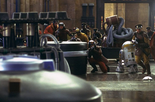 Naboo Royal Security Forces storm into the hangar.