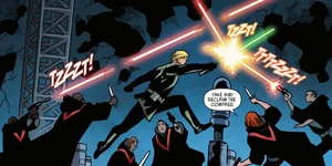 Skywalker utilized his lightsaber to defend himself on Pillio from Imperial Forces and the Acolytes of the Beyond.