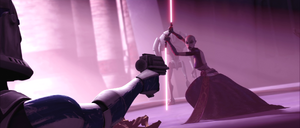 Rex "returns" from a feigned death and trains his fire on Asajj Ventress.