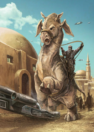 A ronto with its handler, stomping a landspeeder