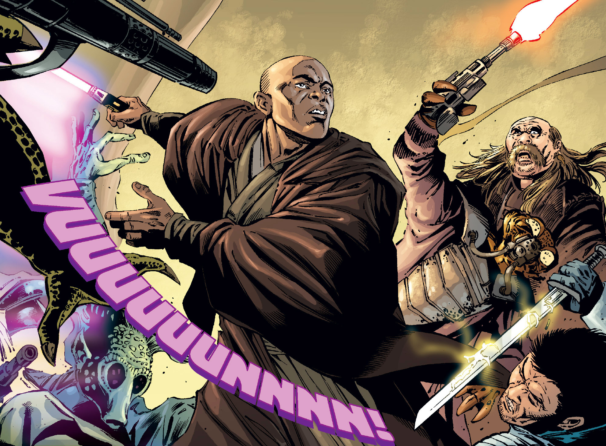 Mace Windu in battle against several bounty hunters