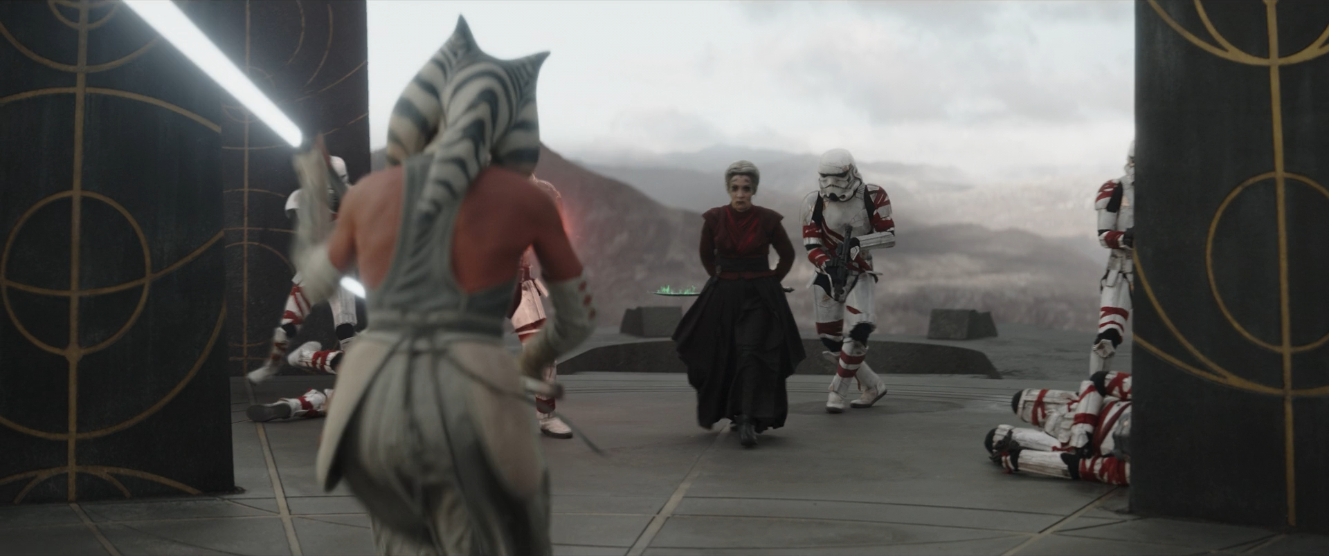 Just as Bridger got aboard the Chimaera, Tano began to be overwhelmed by Elsbeth and the troopers.