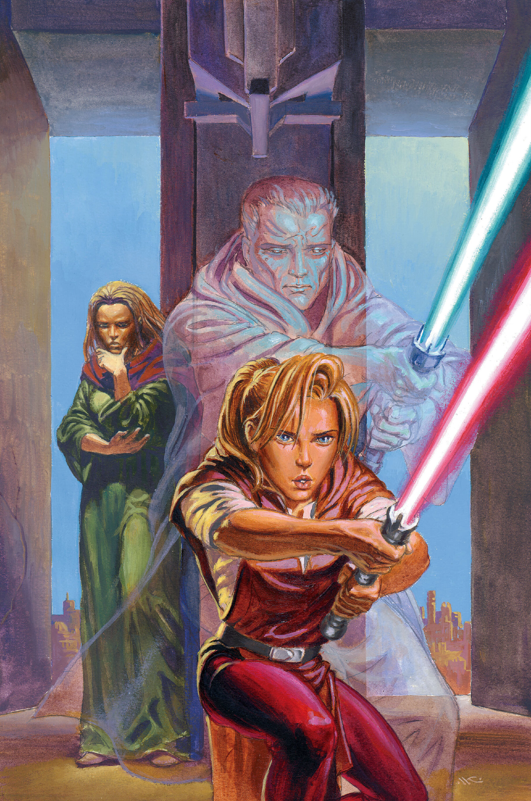 Vima Sunrider and her wrongly-colored lightsaber, from the cover of Master