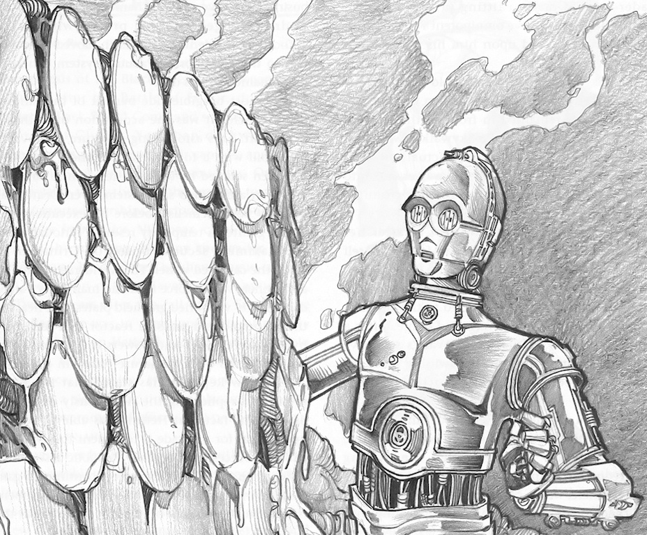 C-3PO looks upon Waru with a sense of astonishment.