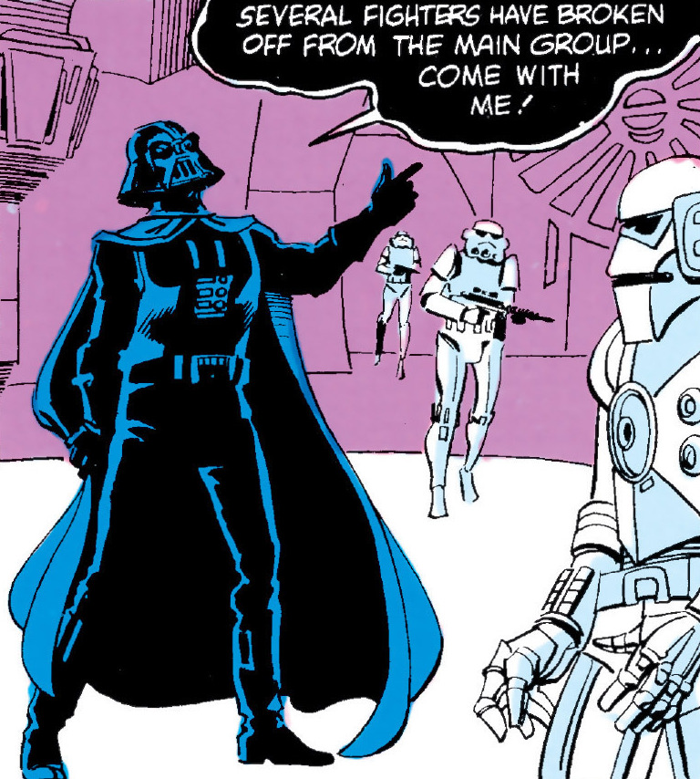 Darth Vader giving orders to a white-armored TIE pilot