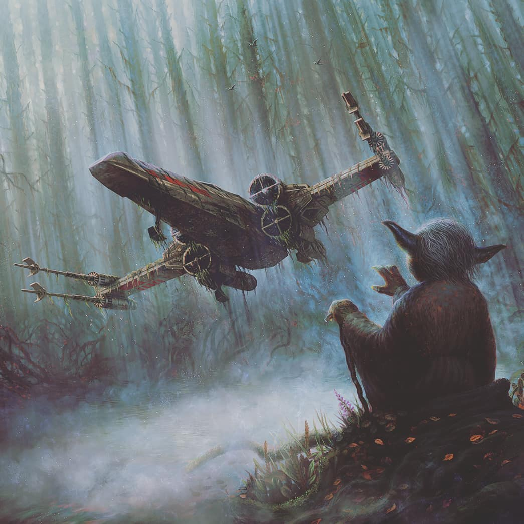 Yoda uses the Force to lift Skywalker's X-wing out of the Dagobah swamp.