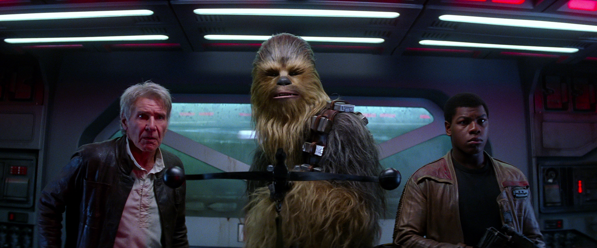 Han, Finn, and Chewbacca sneak into Starkiller Base to disable the shields.