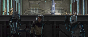 Rex, Anakin Skywalker, and Fives prepare to slip onto the Separatist shuttle carrying Tup.