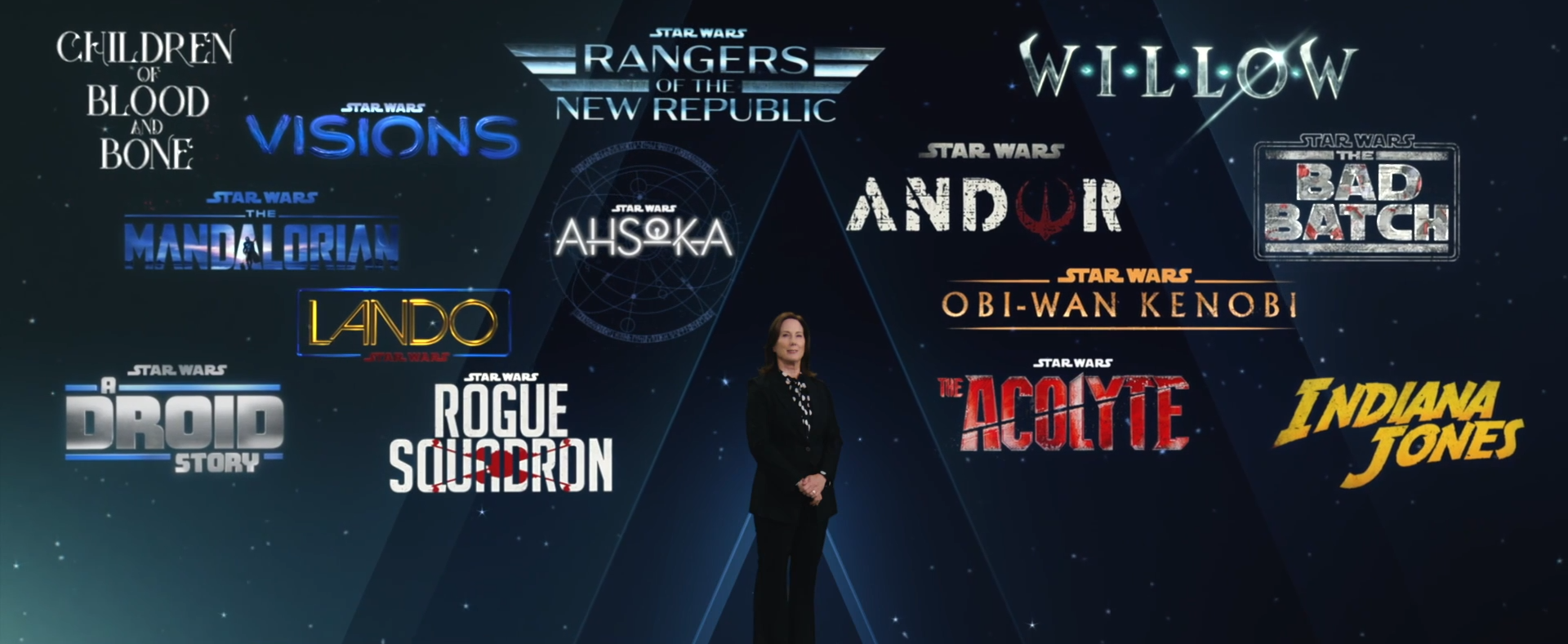 Kathleen Kennedy announcing the new slate of Star Wars Disney+ products at a December 2020 Investor's Call