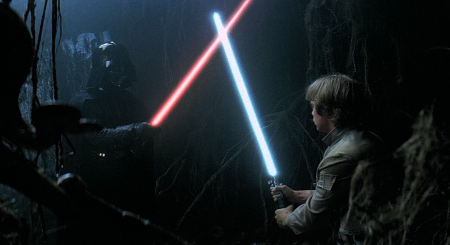 Luke Skywalker battles himself as Darth Vader in the cave