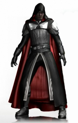 The apprentice wore a heavy Sith robe with light armor plates and black cape.