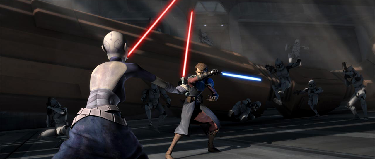 Ventress Force pushes Skywalker and the clone troopers.