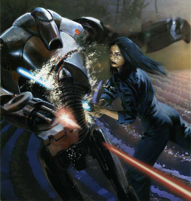 Jedi Padawan Barriss Offee strikes down a B2 super battle droid on Drongar.