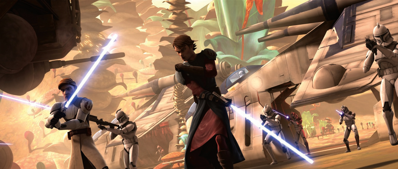 Obi-Wan Kenobi, Anakin Skywalker, and their soldiers wait for Plo Koon's gunships to extract them from Felucia.