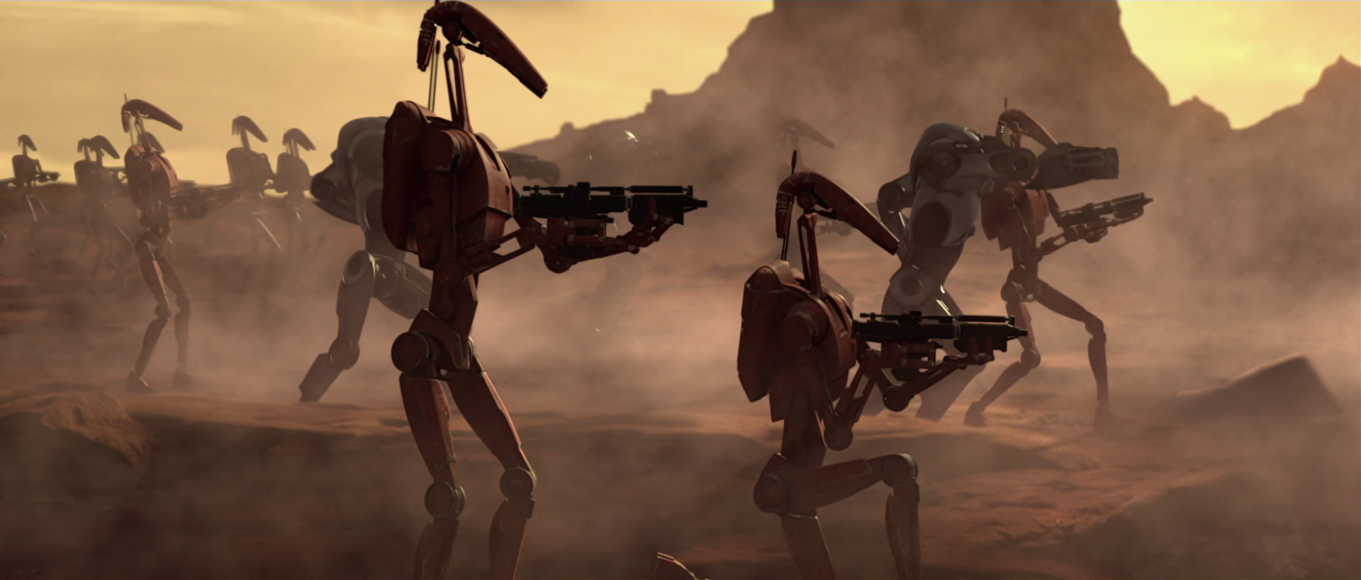 B1 battle droids in action during the Battle of Geonosis.