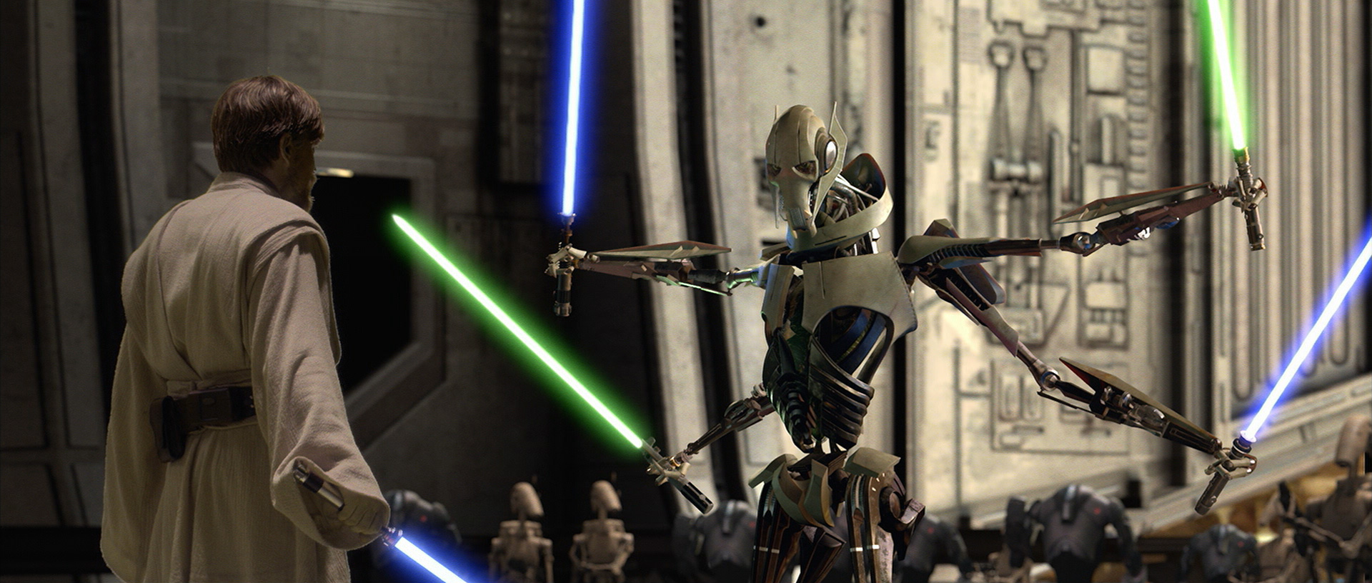 The theme plays during the lightsaber duel between General Grievous and Obi-Wan Kenobi on Utapau.