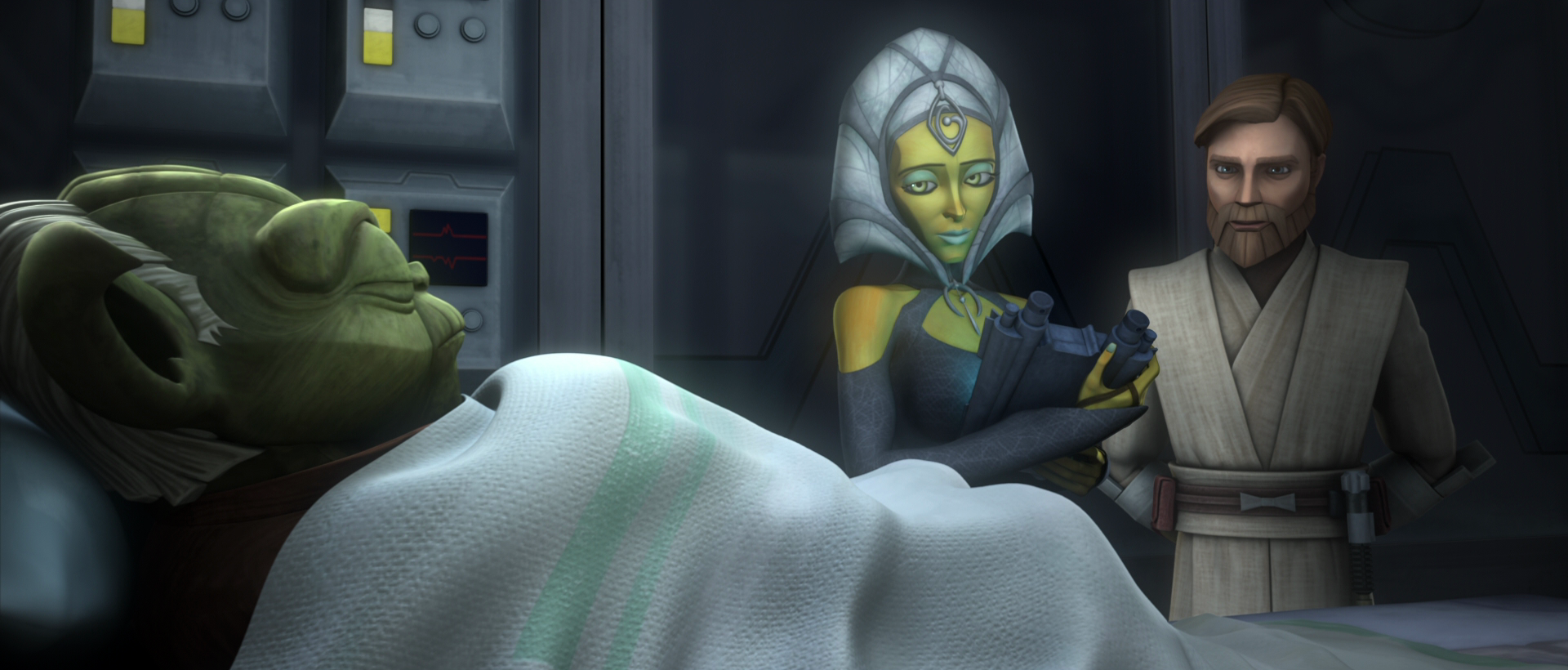 Yoda, Doctor Nema, and Obi-Wan Kenobi in the Jedi Temple medical ward